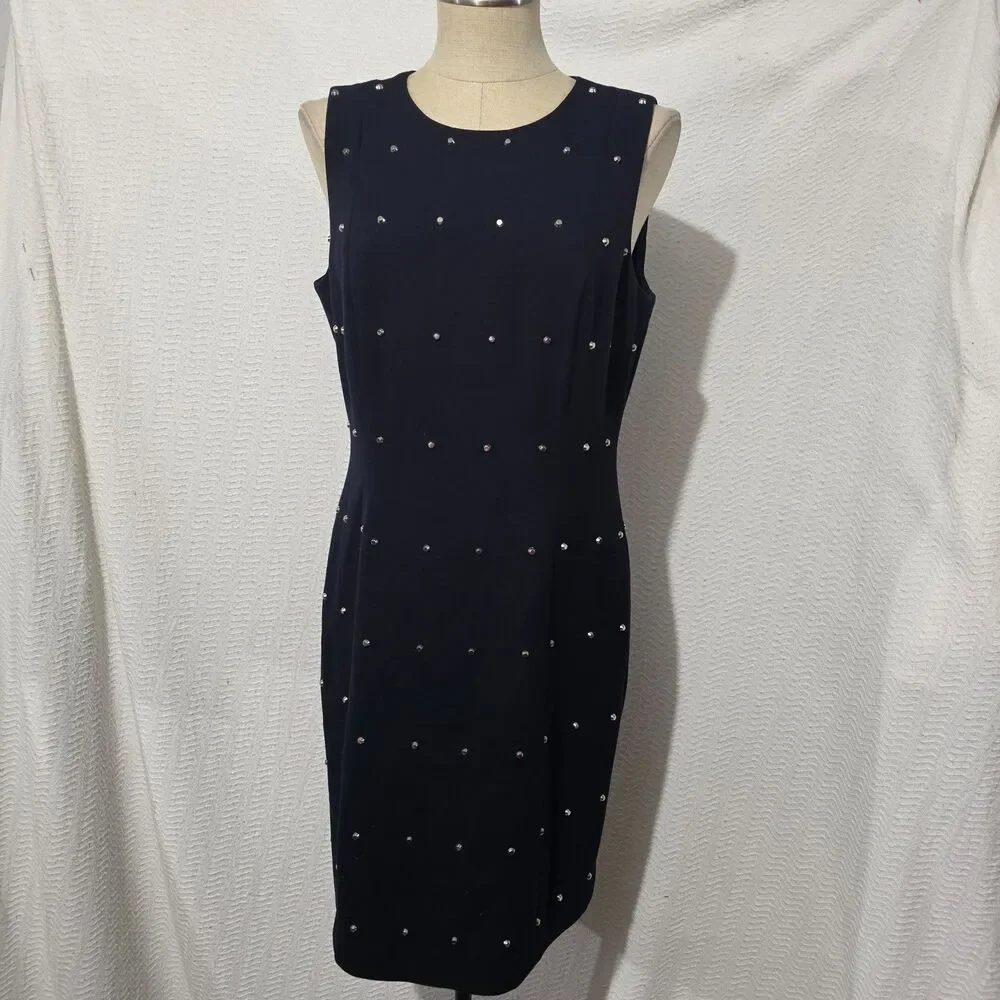 MICHAEL KORS Navy Blue Studded Sleeveless Sheath Dress Zip Back Size 10